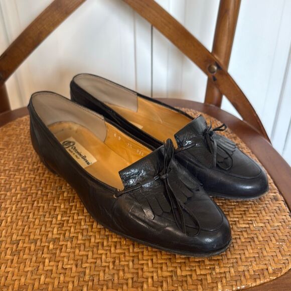 Ottorino Bossi Italy Vintage black fringe leather loafers 7.5 - Picture 2 of 12